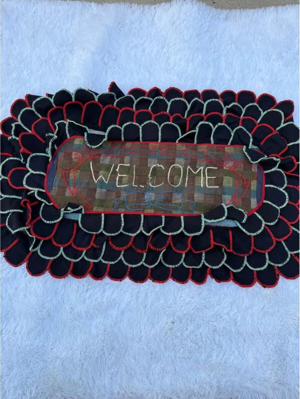 Rustic Welcome Mat Scalloped Black Red Green Stitching